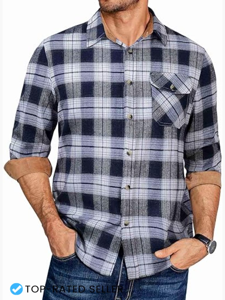 Men's Flannel Long Sleeve Button Down Casual Plaid Shirt With Pocket